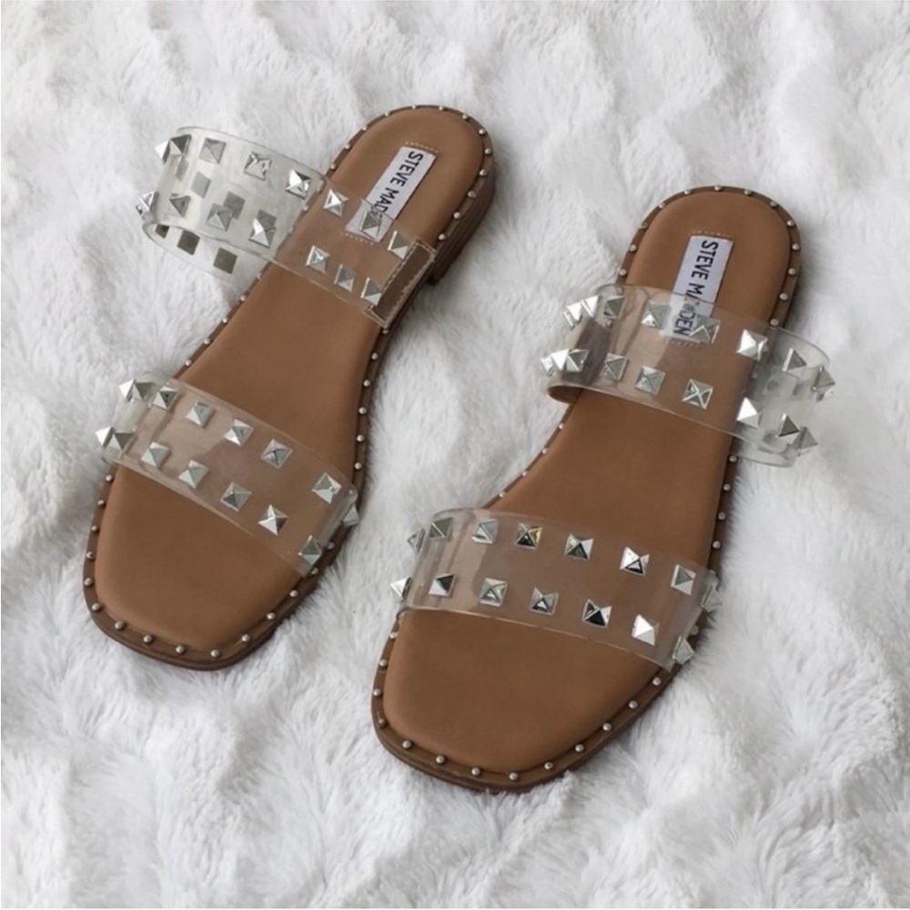 Steve Madden Studded Double Strap Square Toe Clear Sandals Slides